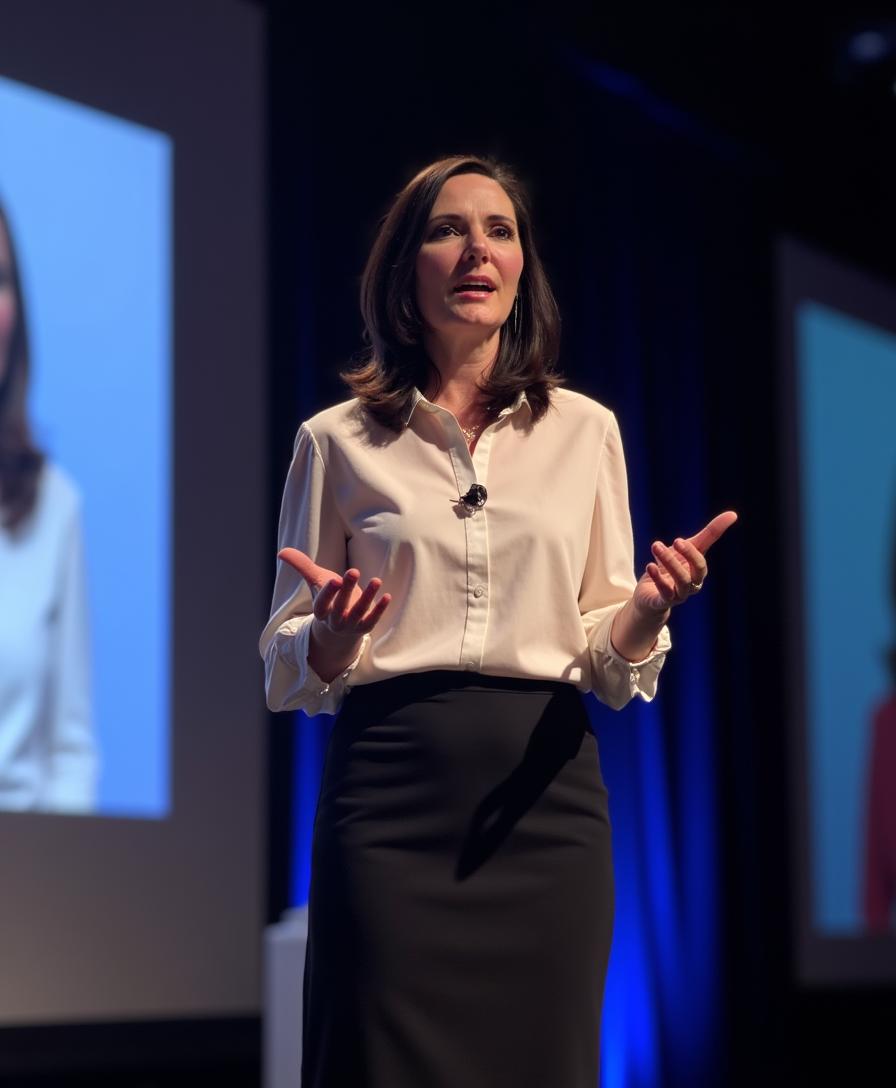 A woman is standing on a stage delivering a lecture, with blue curtains and a screen positioned behind her as the background.