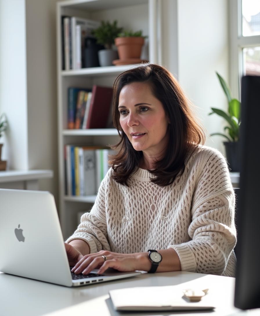 Wendy Byrd is shown sitting on a chair, working on her laptop with a notebook right beside it. In the background, an almirah with books and a pot of green plants is visible, set in the morning.