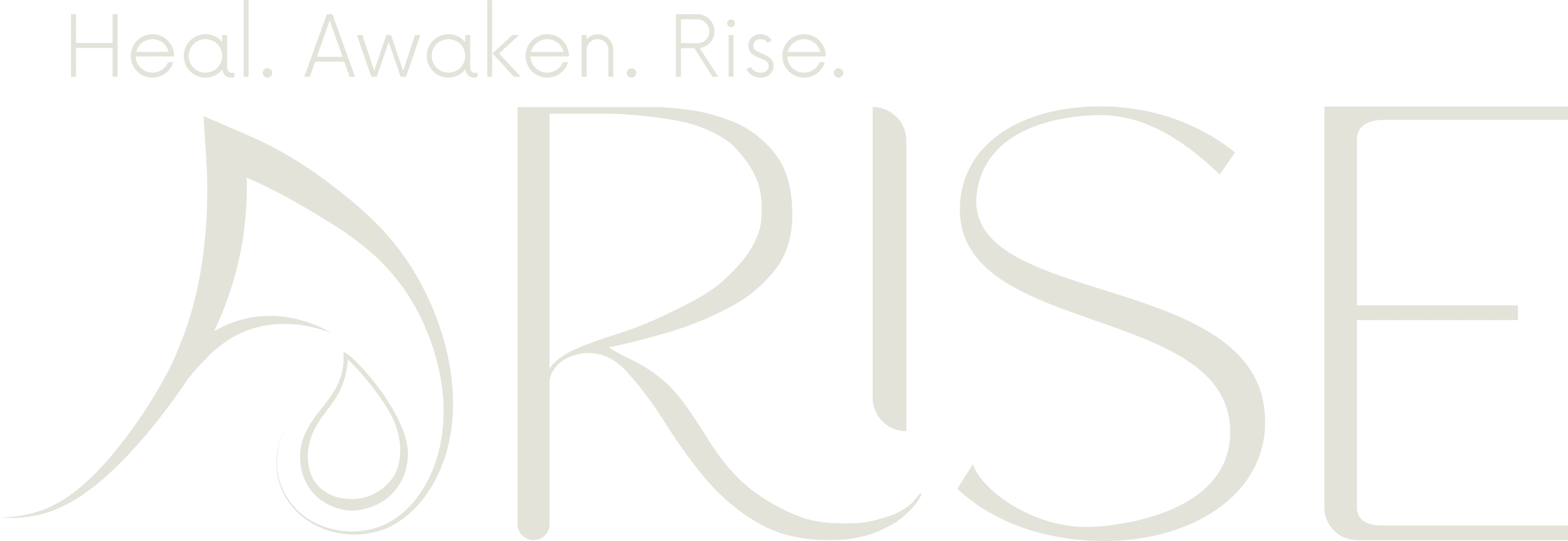 ARISE logo with elegant gold typography, teal water-drop icon, and the tagline ‘Heal. Awaken. Rise.'