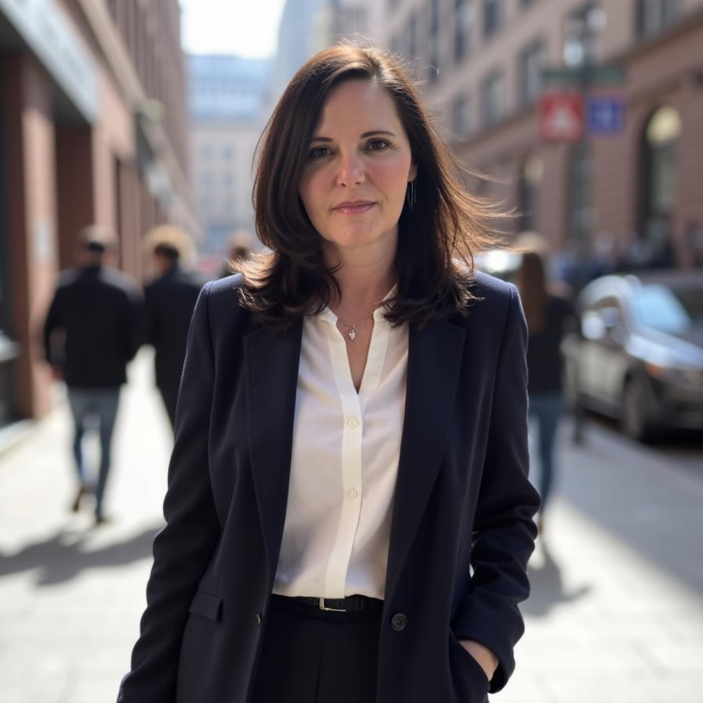 A depiction of female wearing a black coat with white shirt, with usual behaviour , some people , car and buildings are present as a background portion.