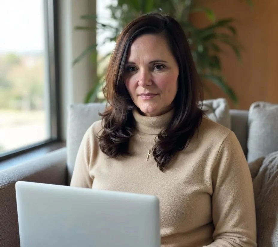 A woman focused on her laptop work, seated on a light-colored couch near a window, with a green wall and plants visible in the background.