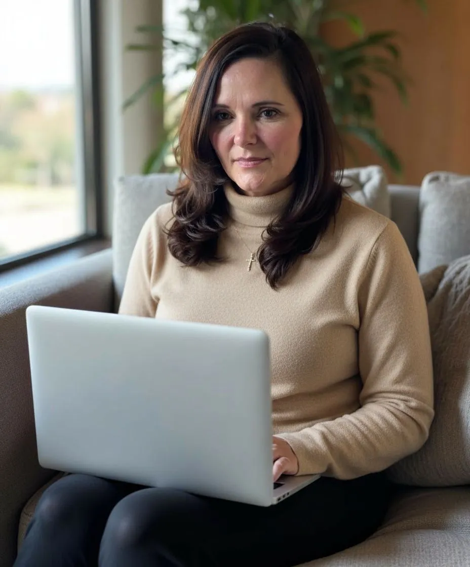 A lady engaged in his laptop’s work sitted on the light coloured couch, positioned just near the window having a green coloured wall and plant are present in her background.