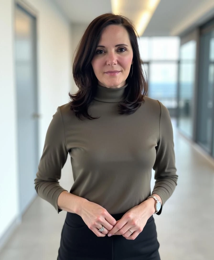 Wendy Byrd looks in a normal manner wearing a grey coloured shirt, is standing on the light Brown coloured floor. A big glass door from where light get enters appears as a background.